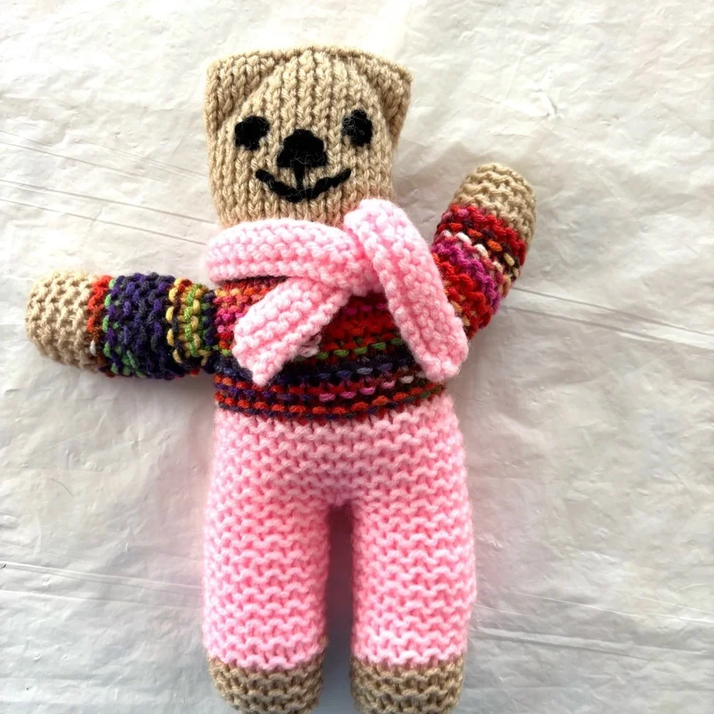 Hand Knitted Pink & Multicolor Teddy Bear Handmade. New